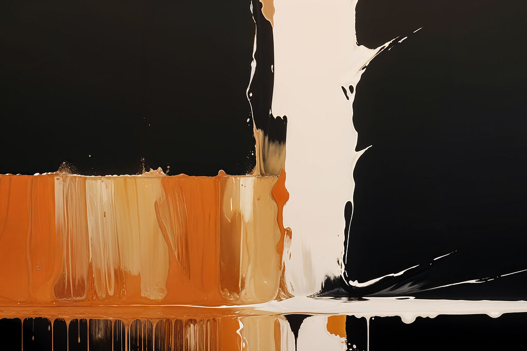 White and orange paint dripping down a black surface White and orange paint dripping down a black surface