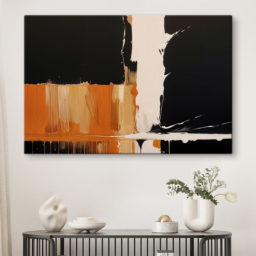 Witte en oranje verf druipend op een zwart oppervlak