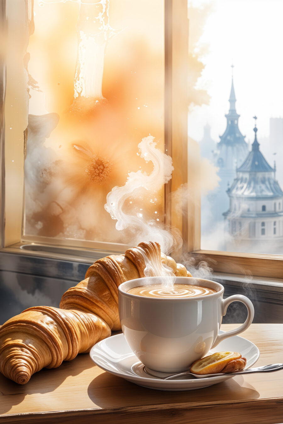 Kopje koffie en croissants op een tafel Kopje koffie en croissants op een tafel