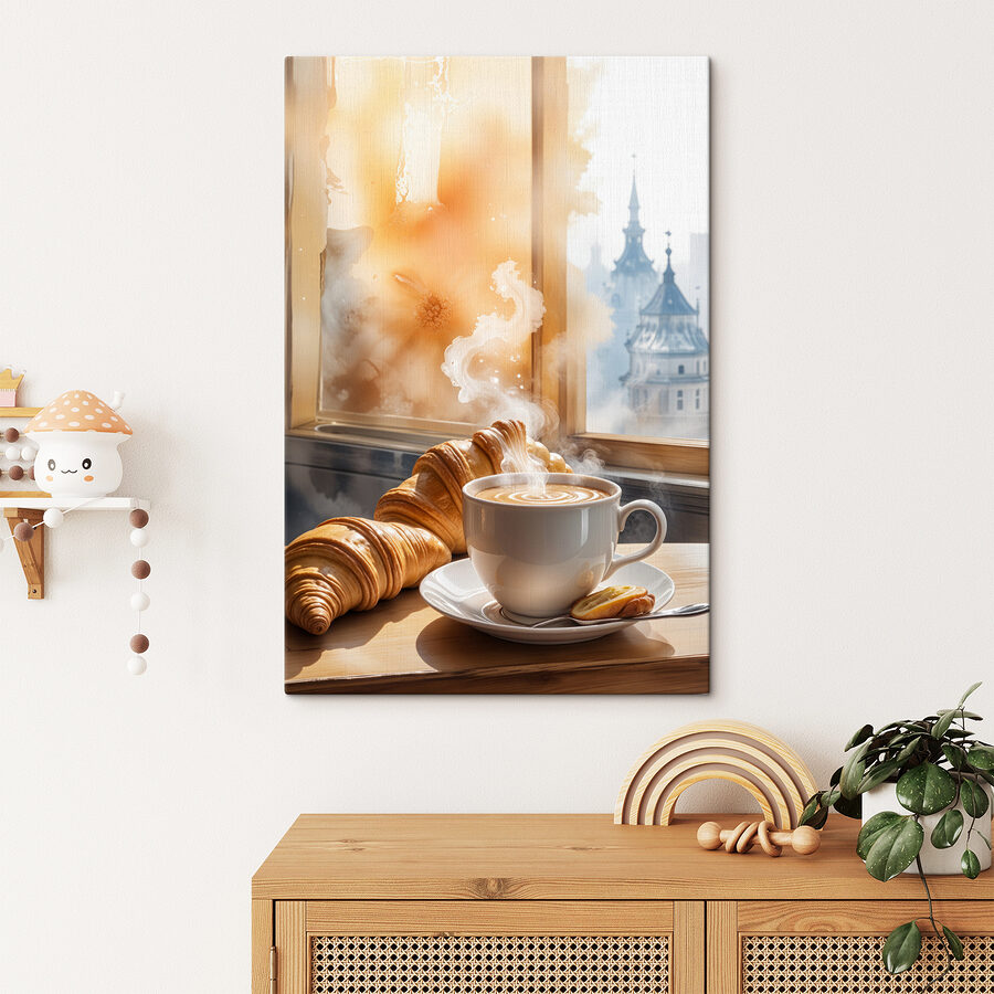 Kopje koffie en croissants op een tafel Kopje koffie en croissants op een tafel