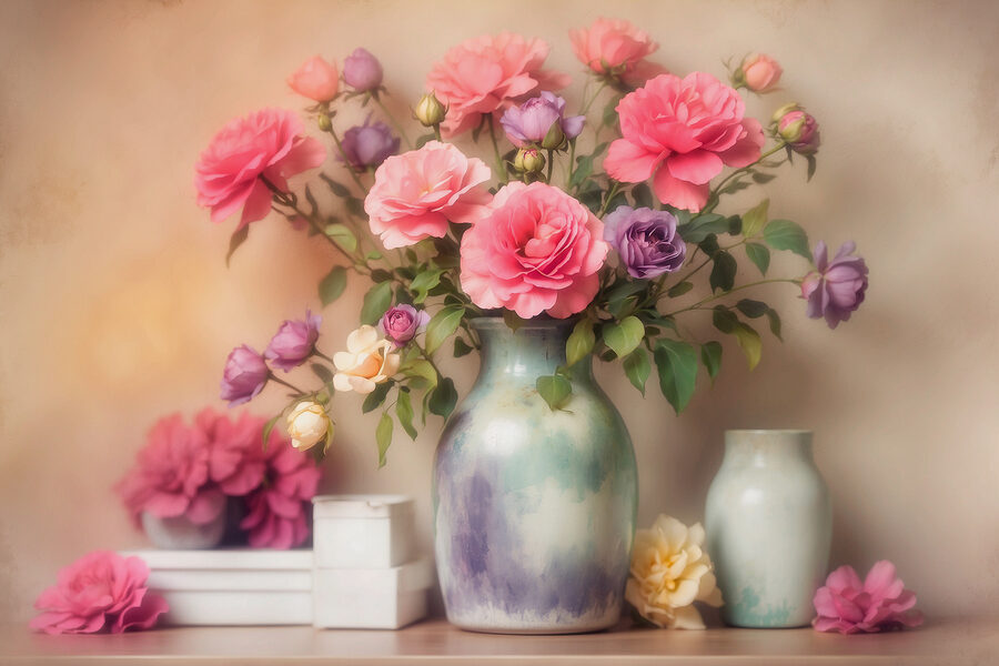 Vaas met bloemen op een plank