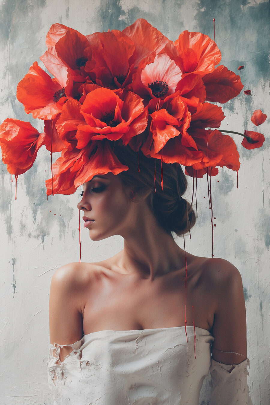 Vrouw met rode bloemen op haar hoofd