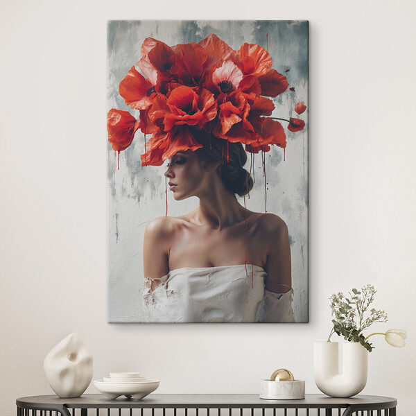 Vrouw met rode bloemen op haar hoofd Vrouw met rode bloemen op haar hoofd