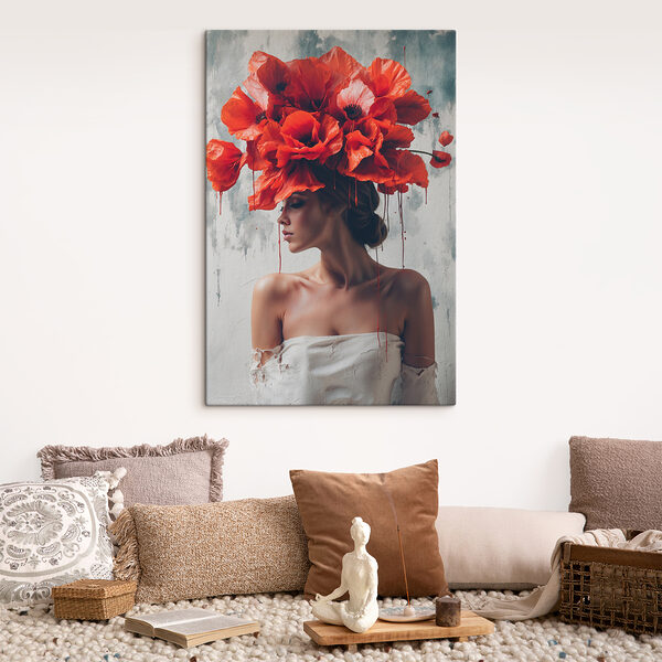 Vrouw met rode bloemen op haar hoofd Vrouw met rode bloemen op haar hoofd