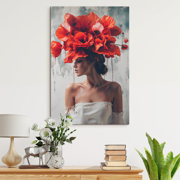 Vrouw met rode bloemen op haar hoofd Vrouw met rode bloemen op haar hoofd