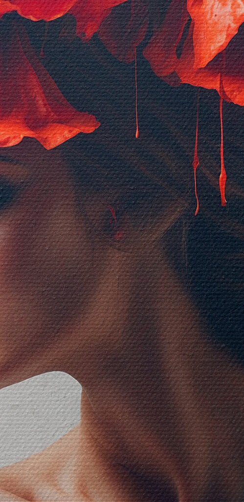 Woman with red flowers on her head