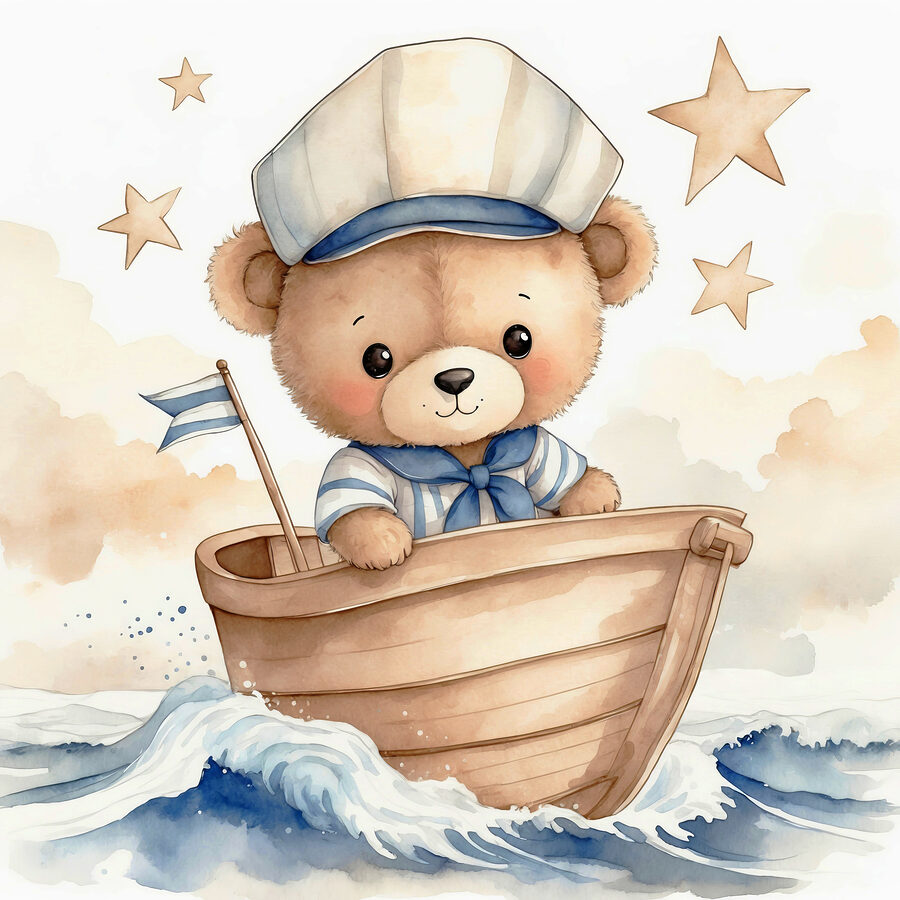 Aquarel van een teddybeer in een boot