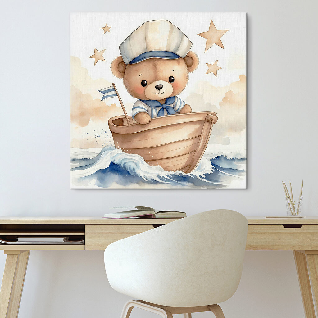 Watercolor of a teddy bear in a boat