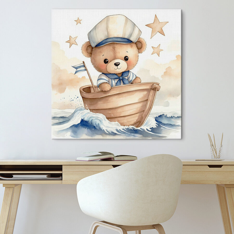 Aquarel van een teddybeer in een boot