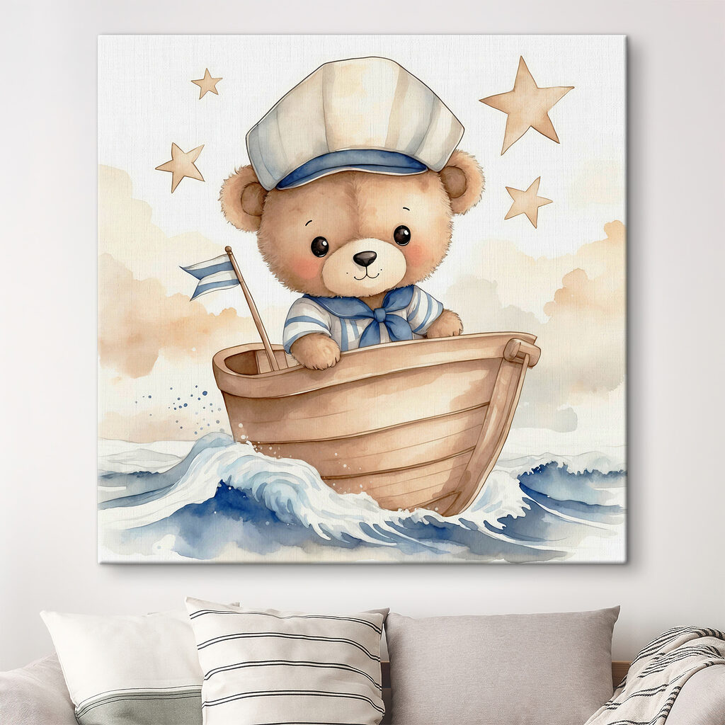 Watercolor of a teddy bear in a boat