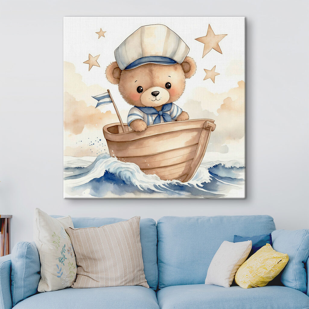 Watercolor of a teddy bear in a boat