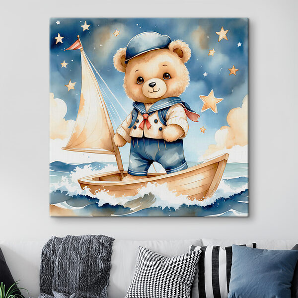 Teddy bear in a sailor outfit on a boat
