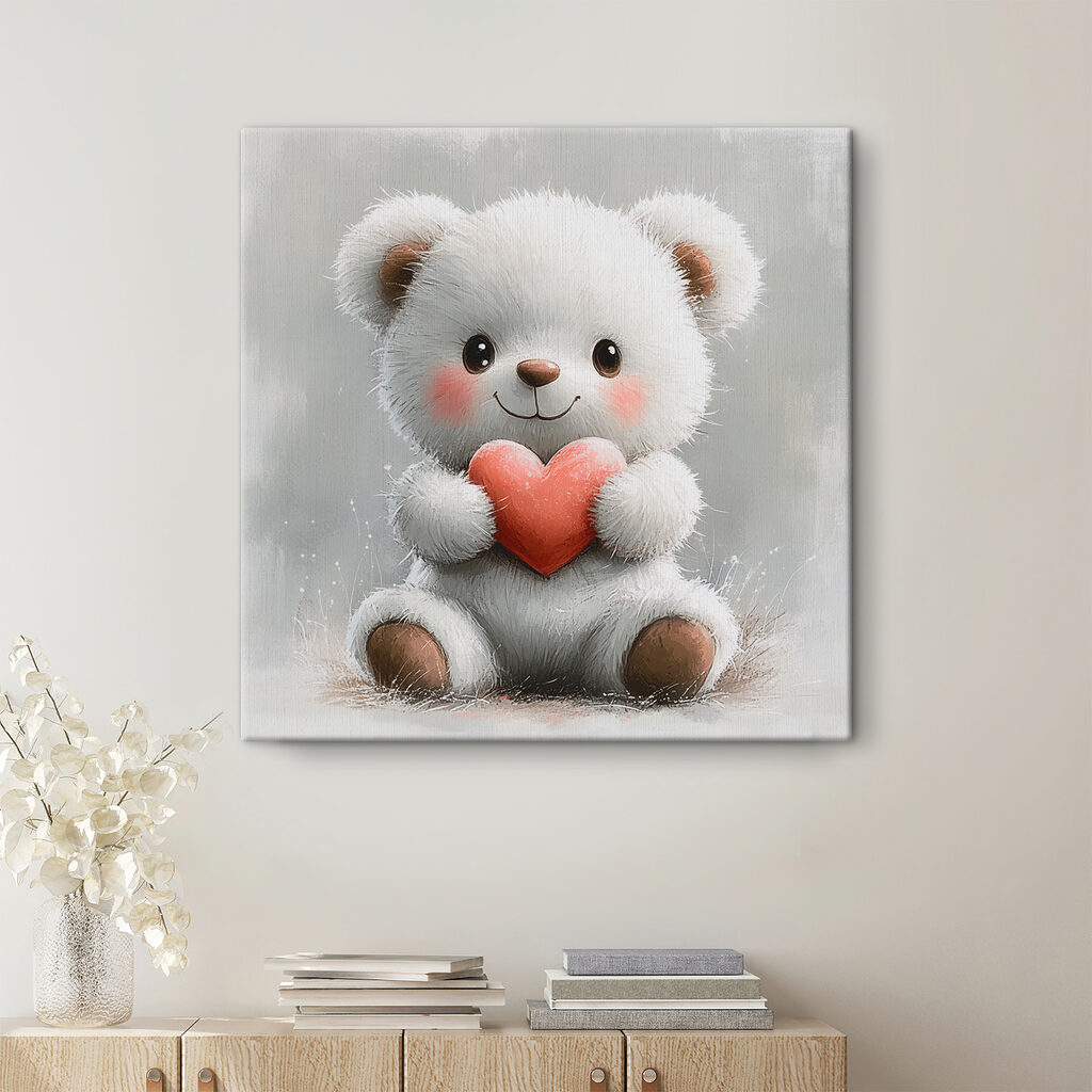 White teddy bear holding a heart