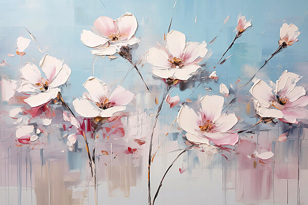 Schilderij van bloemen op een blauwe achtergrond Schilderij van bloemen op een blauwe achtergrond