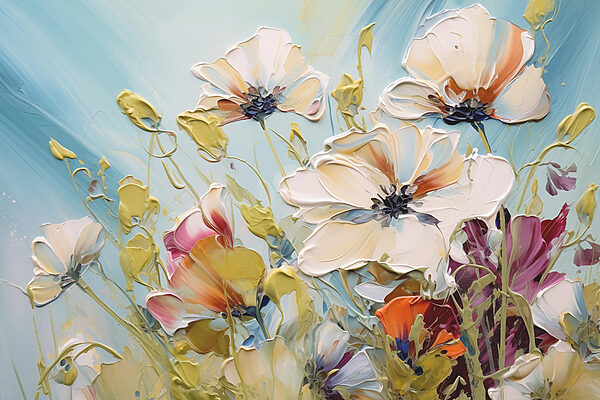 Schilderij van bloemen op een blauwe achtergrond Schilderij van bloemen op een blauwe achtergrond