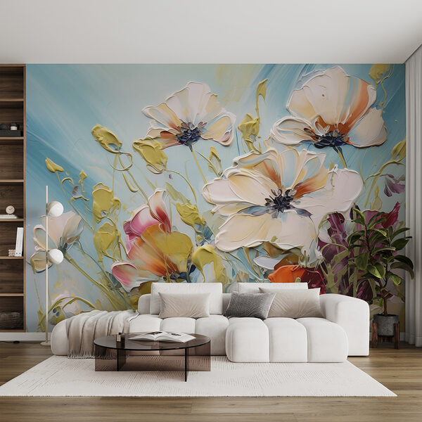 Schilderij van bloemen op een blauwe achtergrond Schilderij van bloemen op een blauwe achtergrond