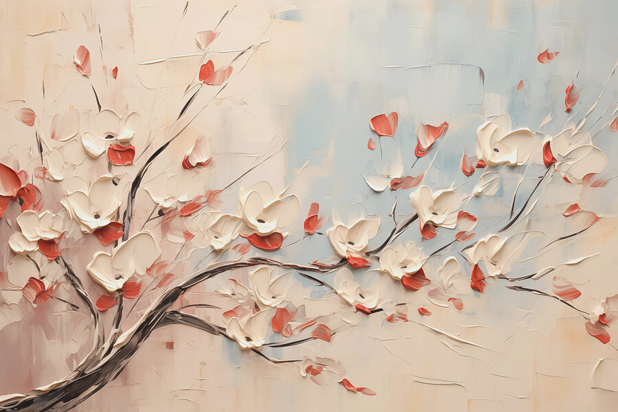Schilderij van een boom met witte bloemen
