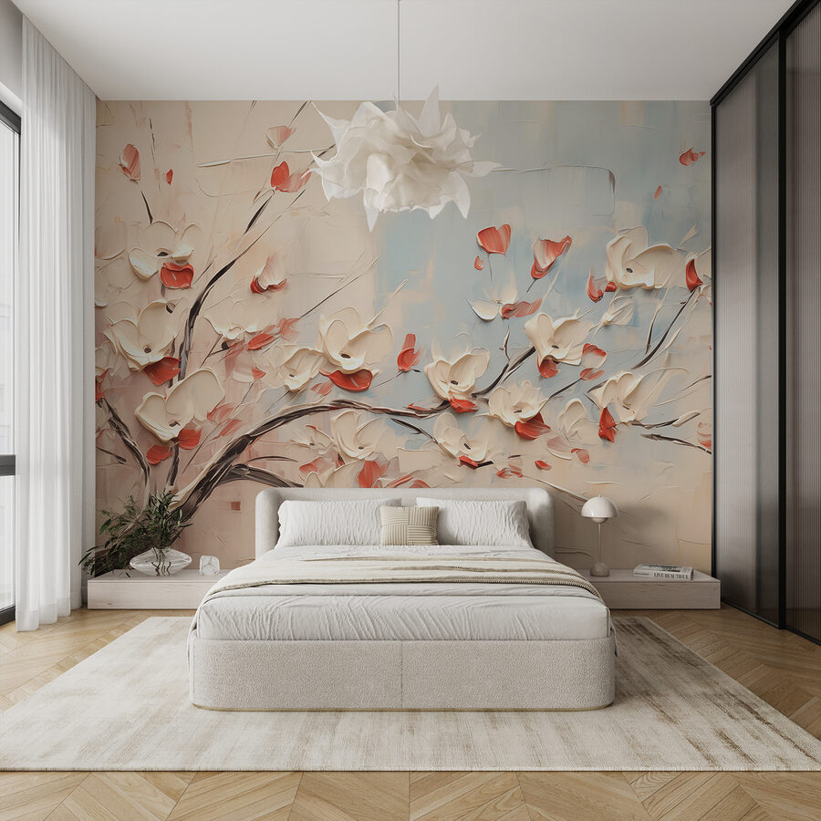 Schilderij van een boom met witte bloemen