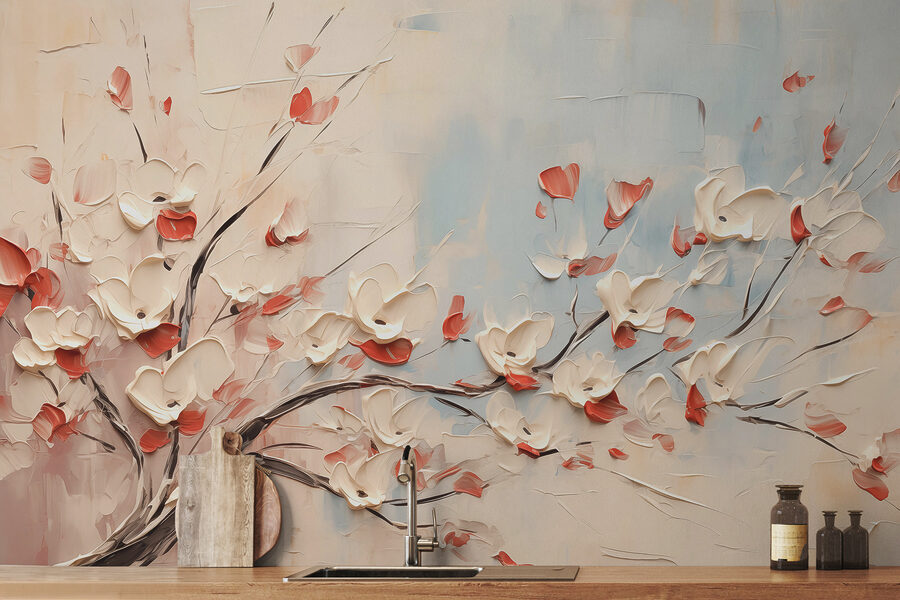 Schilderij van een boom met witte bloemen