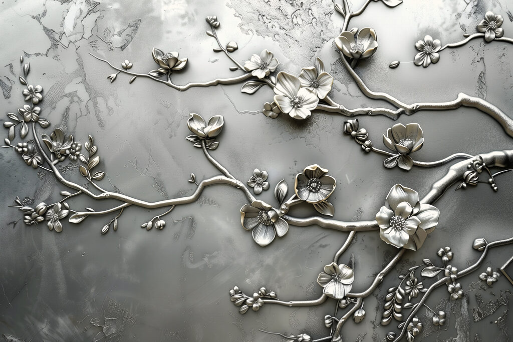 Silver floral design on a wall