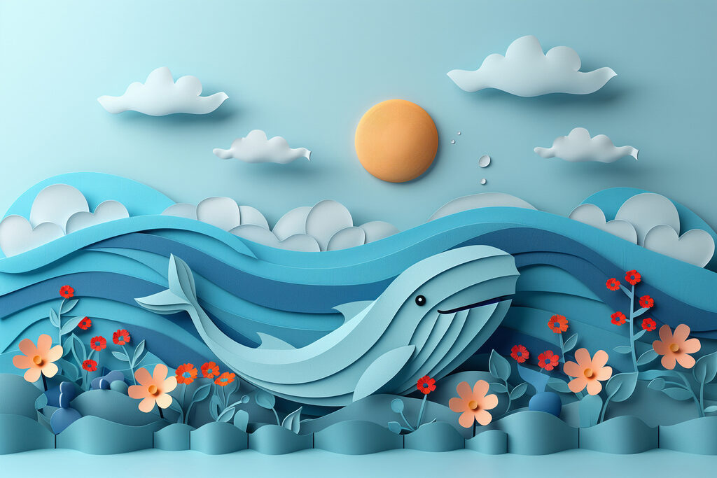 Papieren uitsnede van een walvis in de oceaan Papieren uitsnede van een walvis in de oceaan