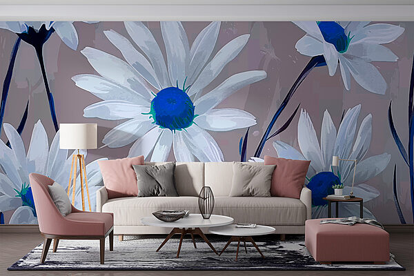 Groep witte bloemen met blauw hart Fotobehang Groep witte bloemen met blauw hart