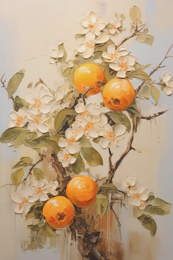 Schilderij van sinaasappels en bloemen Schilderij van sinaasappels en bloemen