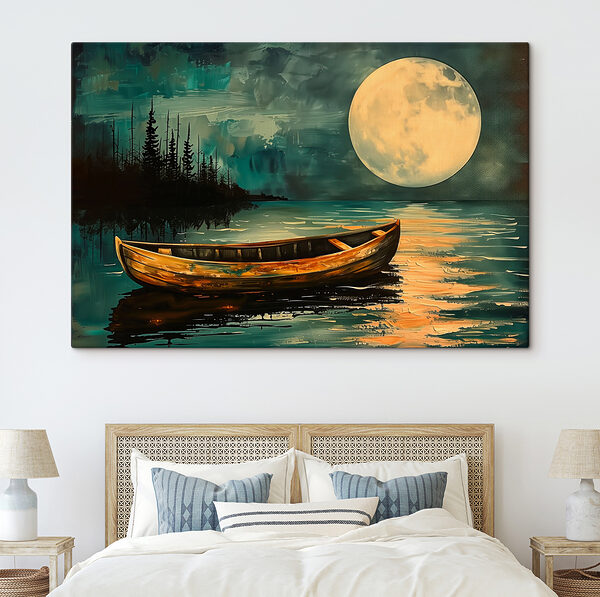 Canvas Schilderijen Boot in het water met een volle maan op de achtergrond