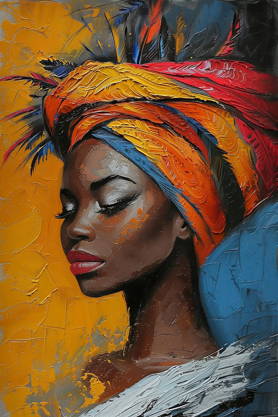 Schilderij van een vrouw met een kleurrijke hoofddoek