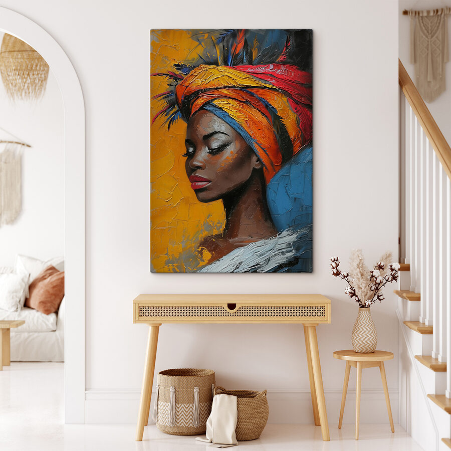 Schilderij van een vrouw met een kleurrijke hoofddoek