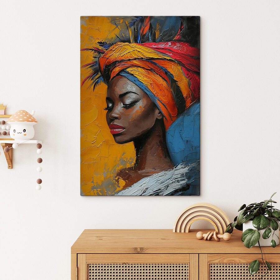 Schilderij van een vrouw met een kleurrijke hoofddoek