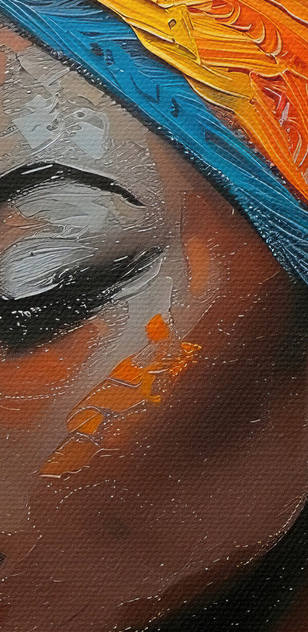 Schilderij van een vrouw met een kleurrijke hoofddoek Schilderij van een vrouw met een kleurrijke hoofddoek