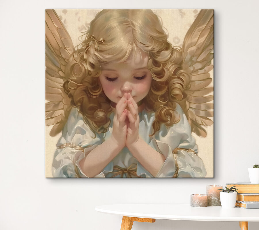 Kind met blond haar en vleugels bidt Kind met blond haar en vleugels bidt