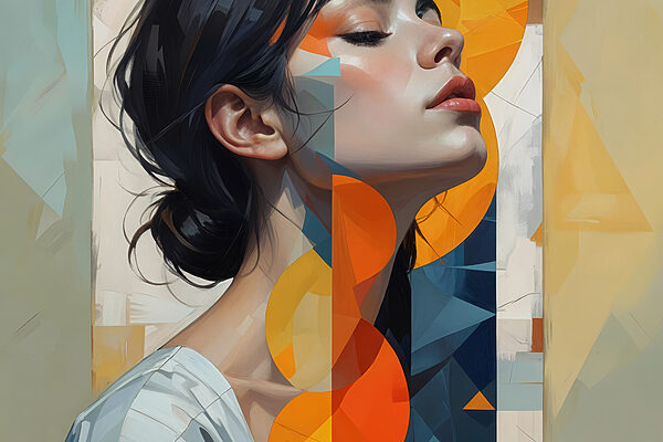 Vrouw met zwart haar en oranje en blauwe cirkels Vrouw met zwart haar en oranje en blauwe cirkels