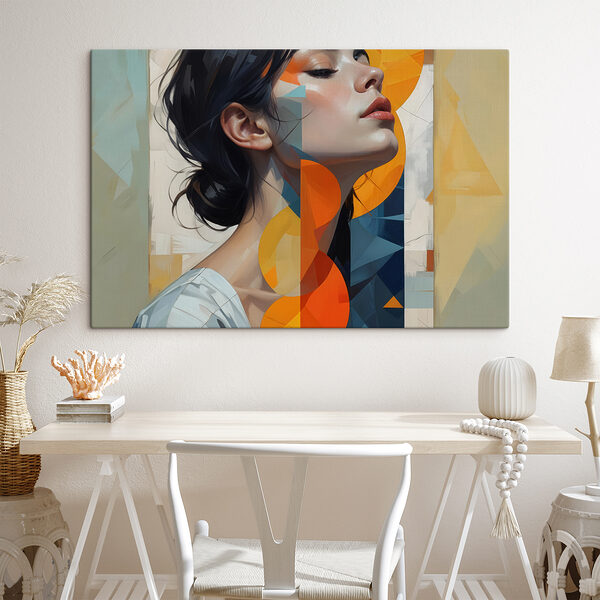 Vrouw met zwart haar en oranje en blauwe cirkels Vrouw met zwart haar en oranje en blauwe cirkels