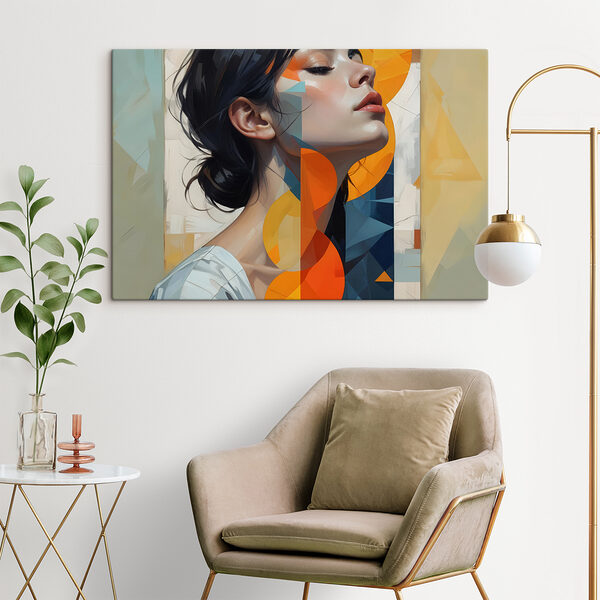Vrouw met zwart haar en oranje en blauwe cirkels Vrouw met zwart haar en oranje en blauwe cirkels