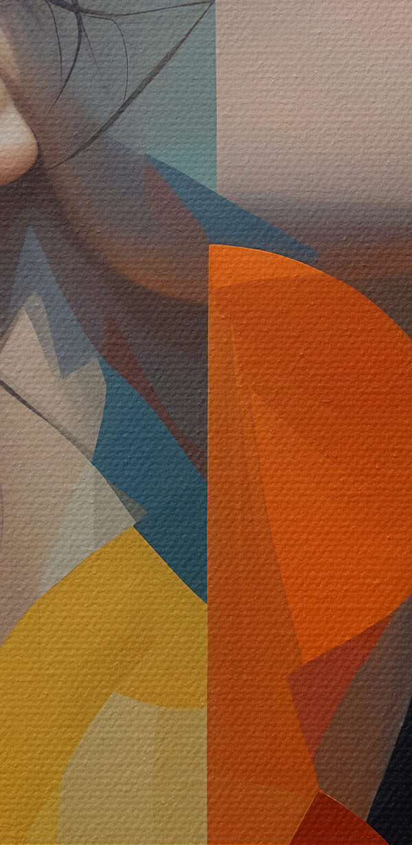 Vrouw met zwart haar en oranje en blauwe cirkels Vrouw met zwart haar en oranje en blauwe cirkels