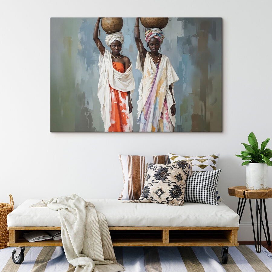 Canvas Schilderijen Groep vrouwen in traditionele kleding met manden op hun hoofd