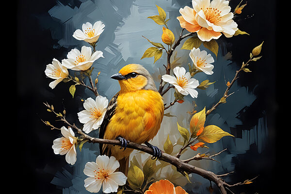 Vogel op een tak met bloemen Vogel op een tak met bloemen