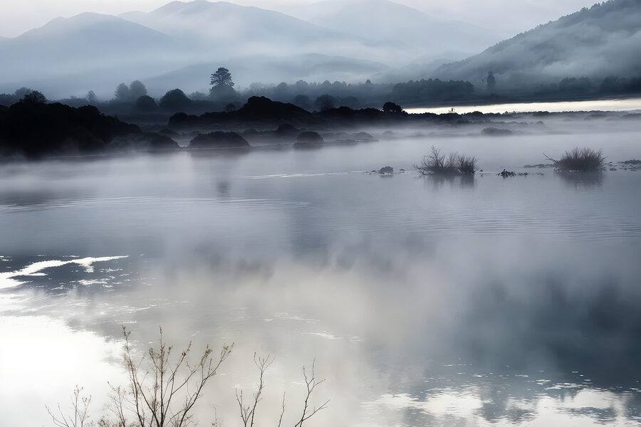 Mistig landschap met bergen en water