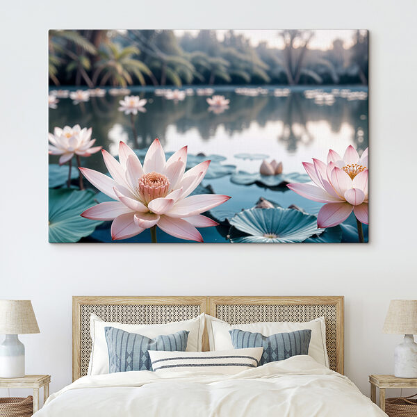 Roze en witte bloemen op een meer Canvas Schilderijen Roze en witte bloemen op een meer