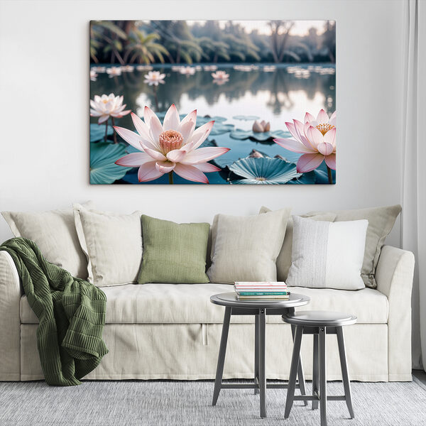 Pink and white flowers on a lake