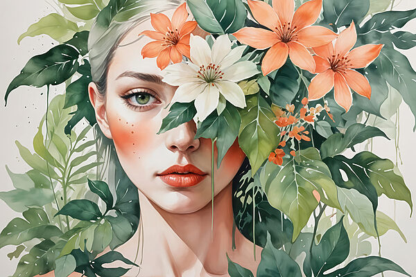 Vrouw met bloemen rond haar gezicht Vrouw met bloemen rond haar gezicht