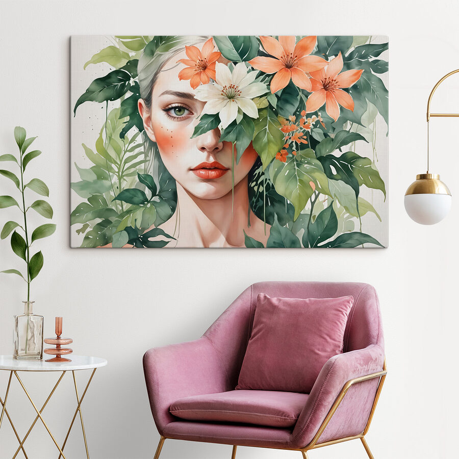 Vrouw met bloemen rond haar gezicht