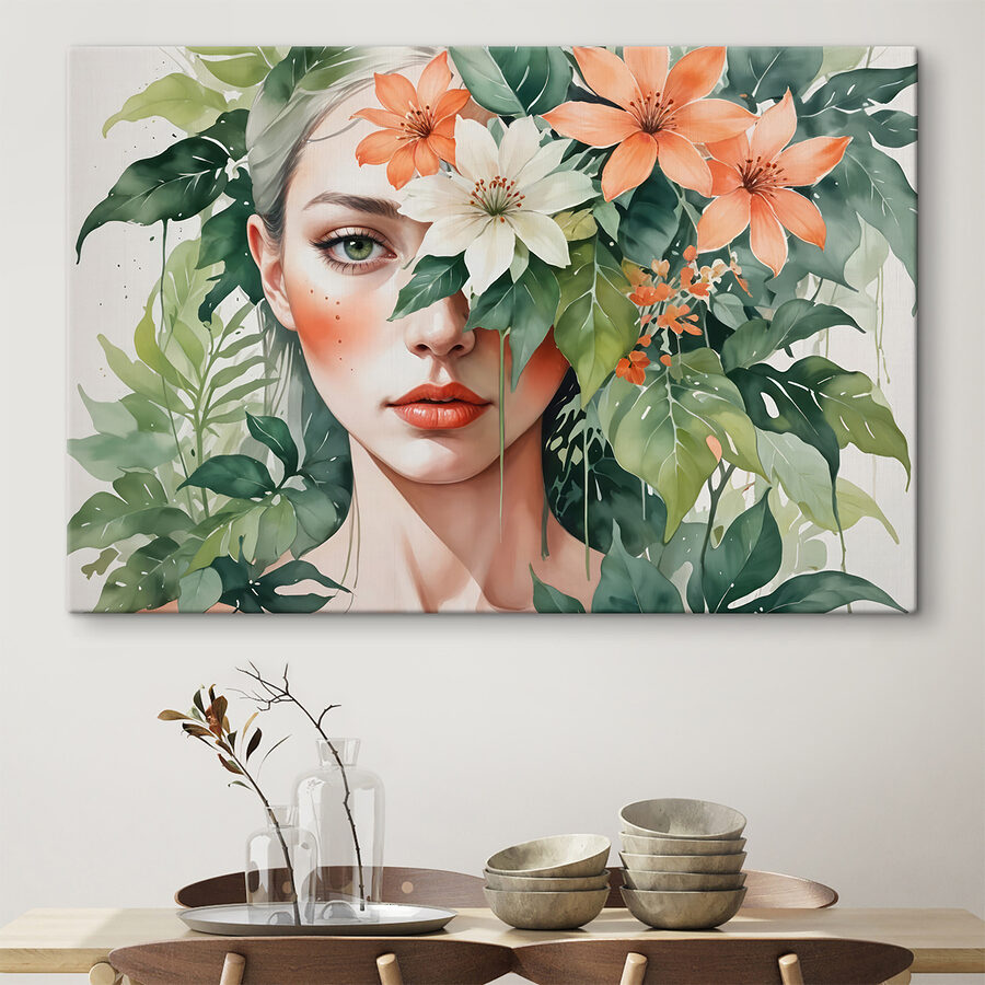 Vrouw met bloemen rond haar gezicht