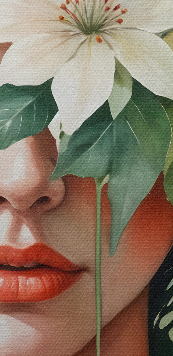 Vrouw met bloemen rond haar gezicht Vrouw met bloemen rond haar gezicht