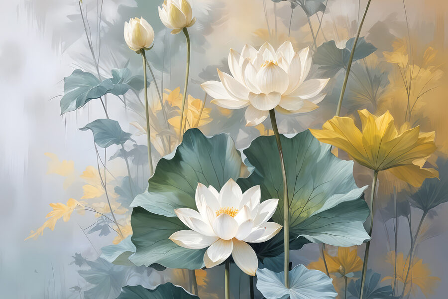 Schilderij van witte bloemen en groene bladeren Schilderij van witte bloemen en groene bladeren