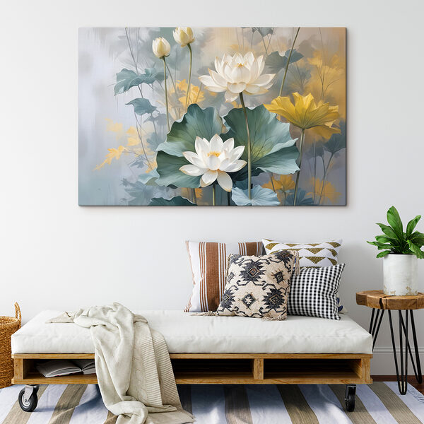 Schilderij van witte bloemen en groene bladeren Schilderij van witte bloemen en groene bladeren