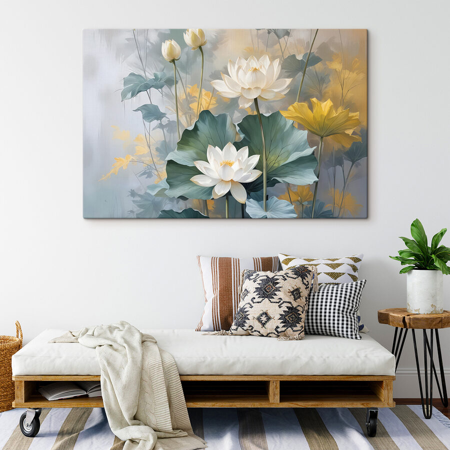 Schilderij van witte bloemen en groene bladeren Schilderij van witte bloemen en groene bladeren
