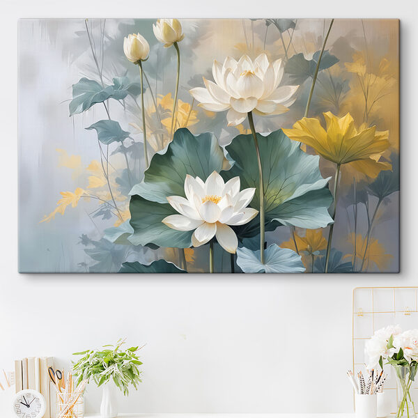 Schilderij van witte bloemen en groene bladeren Schilderij van witte bloemen en groene bladeren